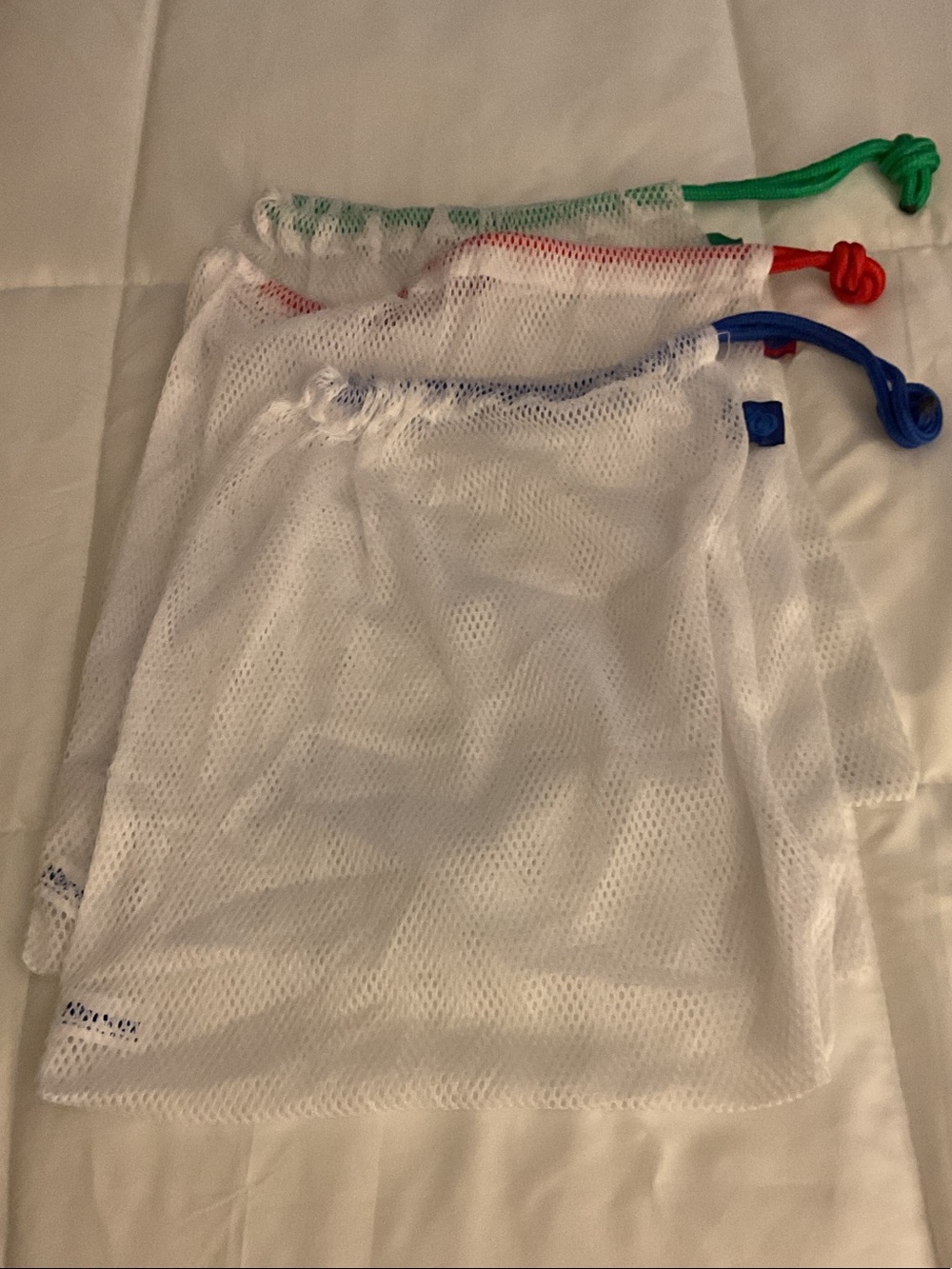 Norwex White Mesh Storage Bags with Green, Red & Blue Drawstrings